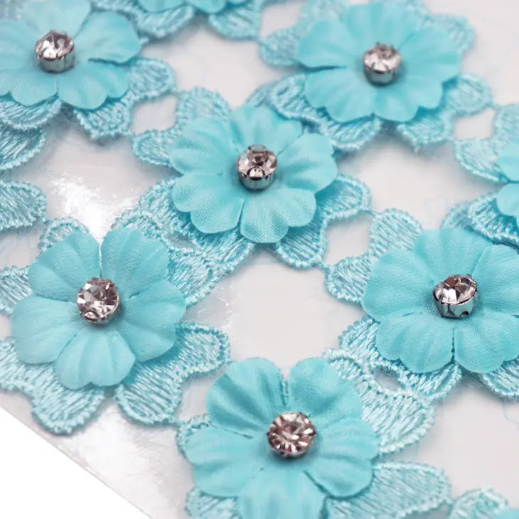 Aqua Fabric Flower Patch with Rhinestines