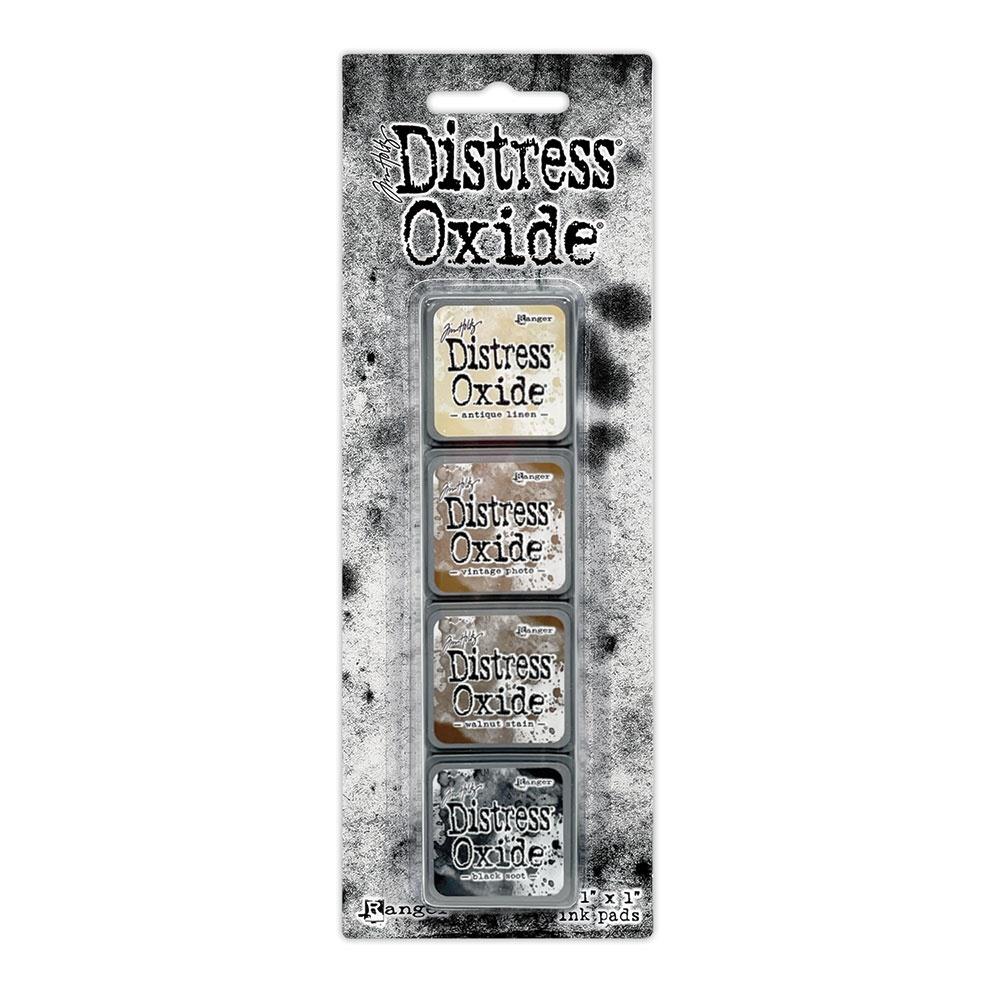 Distress Oxide Mini Ink Pads Kit 6 Tim Holtz Ranger This kit includes Antique Linen, Vintage Photo, Walnut Stain, Black Soot.