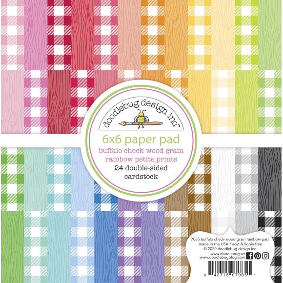 Doodlebug Buffalo Check and Woodgrain Rainbow Double Sided 6x6 Pattern Paper Pad