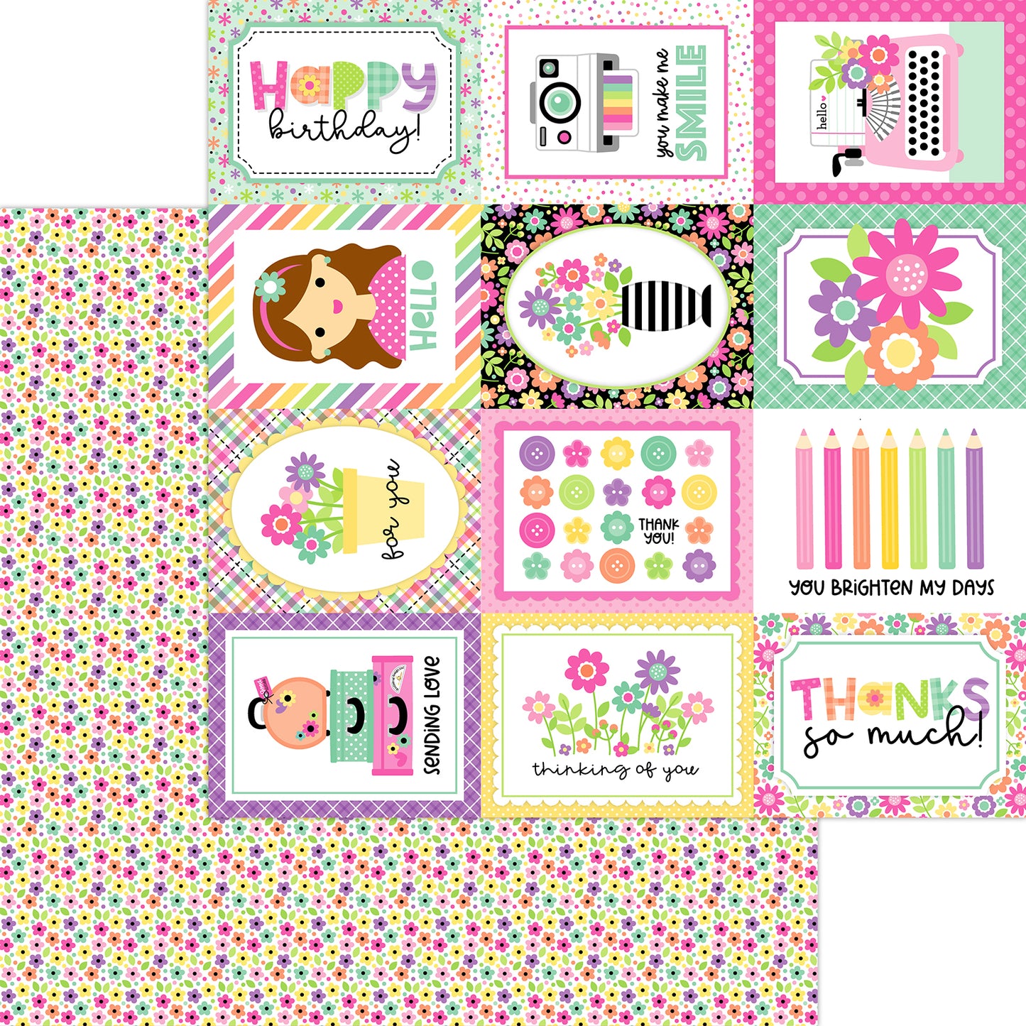 Bitty Blossoms - 12 x 12 Double Sided Paper - Doodlebug Design - Color Me Crafty Collection 