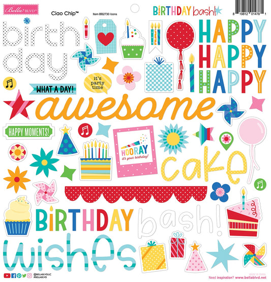 Birthday Bash Icons Chipboard Stickers 12x12 - Bella Blvd