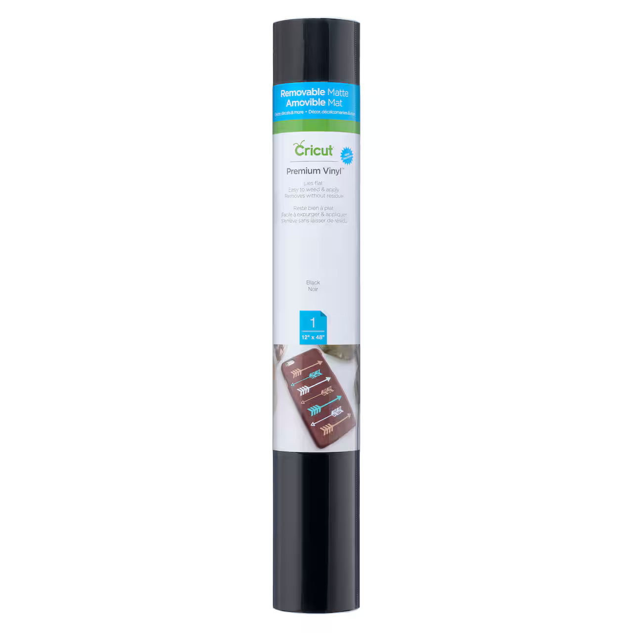 A single roll of Cricut Premium Vinyl in Black, shown vertically on a clean white background. The label features the Cricut brand logo and a small graphic of a phone displaying a design.