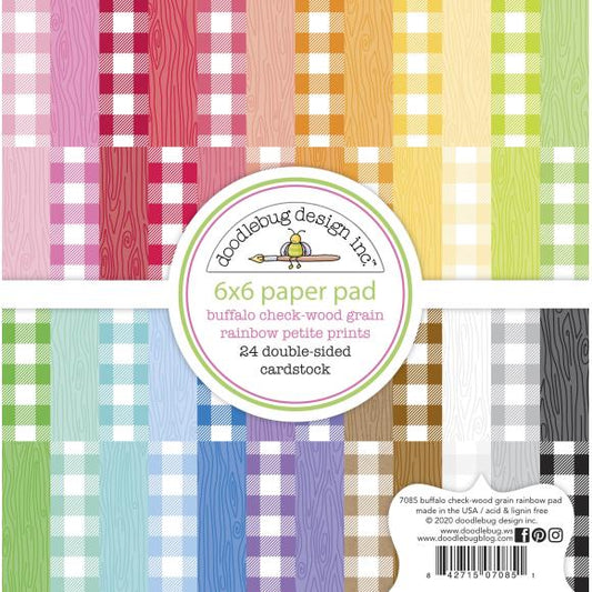 Doodlebug Buffalo Check and Woodgrain Rainbow Double Sided 6x6 Pattern Paper Pad