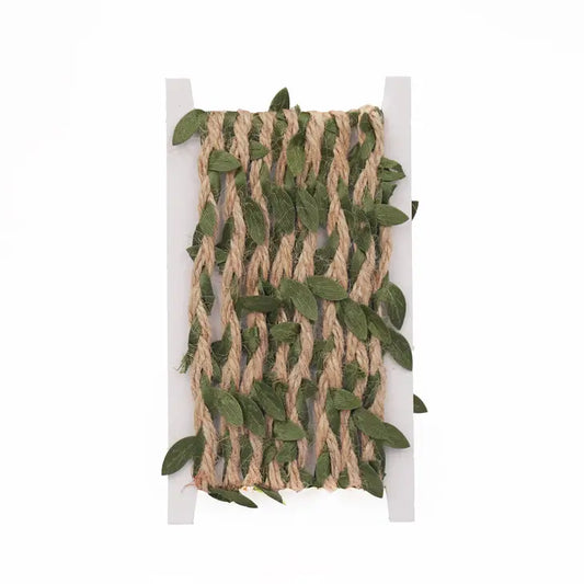 Twine Garland Ribbon Light Brown with Green Leaves