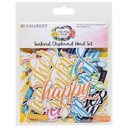 Vintage Artistry Sunburst Chipboard Words - 49 and Market