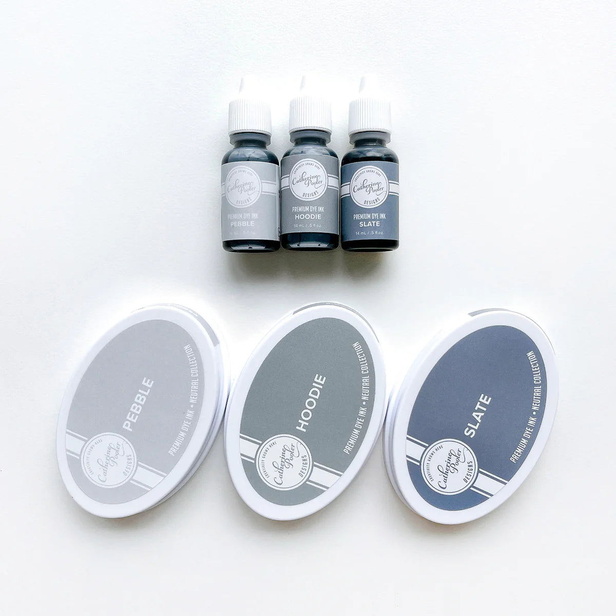 The Three New Grays Hoodie Slate Pebble Full Size Ink Pads Reinkers and Labels Set - Catherine Pooler Designs